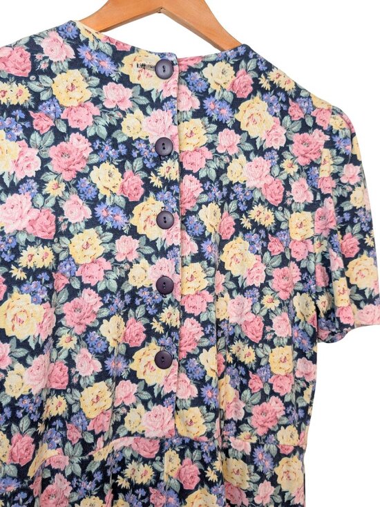 Vintage Womens Medium Midi Dress navy Floral Puff Sleeve Pockets Cottagecore - Picture 3 of 7